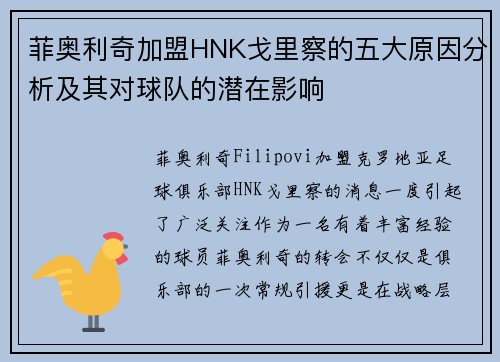 菲奥利奇加盟HNK戈里察的五大原因分析及其对球队的潜在影响